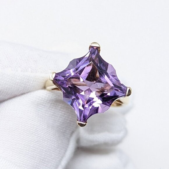 14k Vintage Solid Gold Fantasy Curvy Princess Cut Large Amethyst Cocktail Ring - Picture 2 of 10